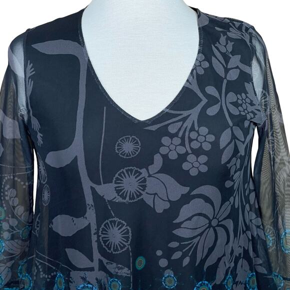 Desigual Women’s Sheer Mesh Top with Printed Design & Rhinestones Lined Fits S-M - Picture 2 of 11